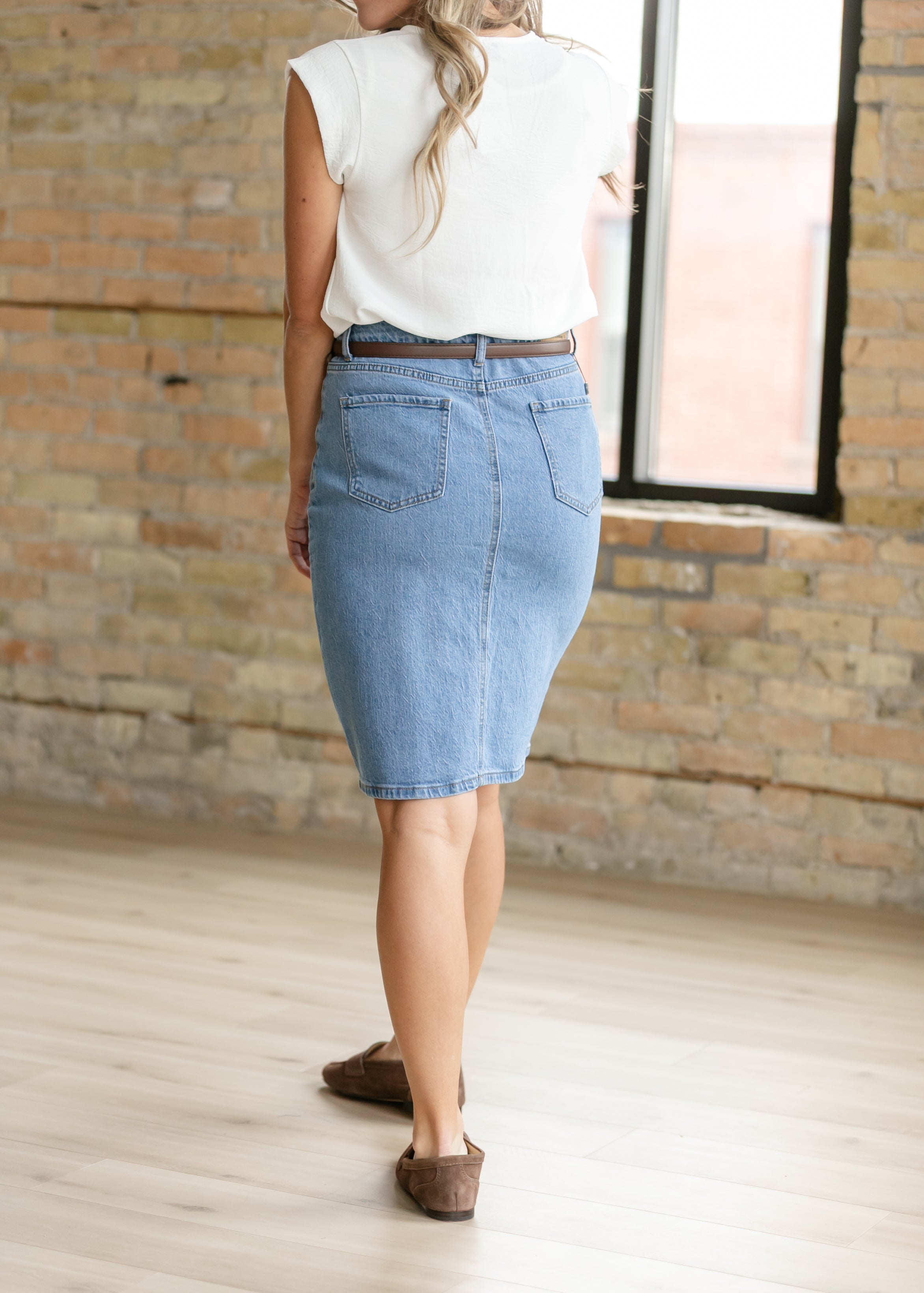 Inherit Co. Remi Denim Classic Wash Midi Skirt — feature highlight