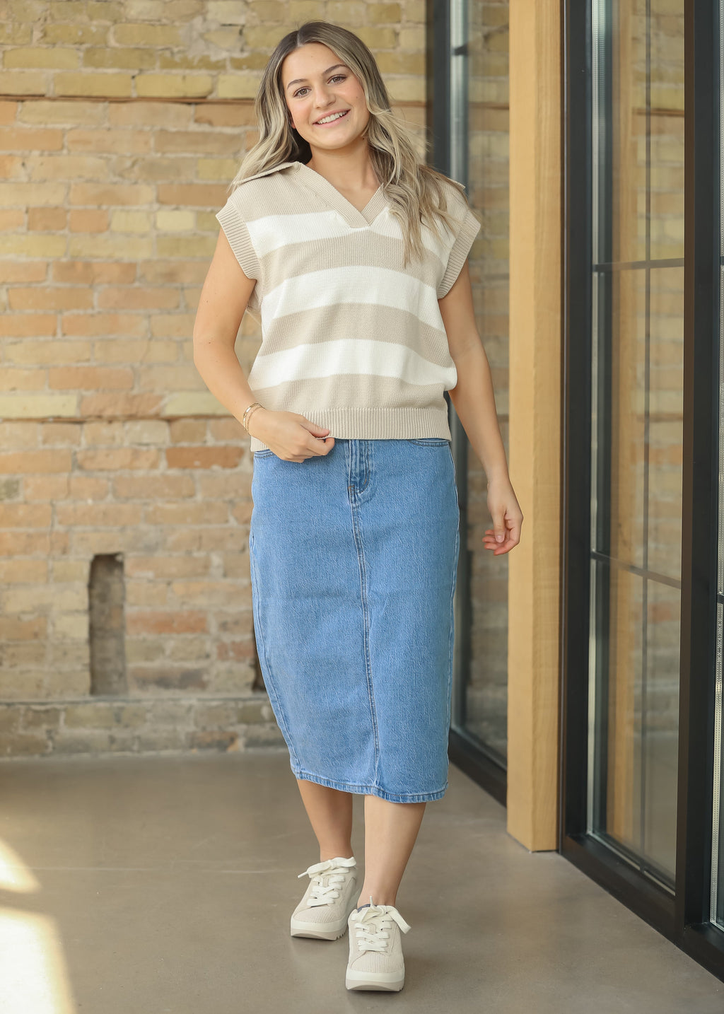 Inherit Co. Remi Denim Classic Wash Midi Skirt — in-use photo