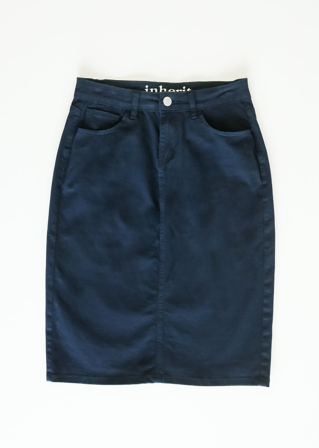 Inherit Co. Remi Navy Denim Midi Skirt — side view