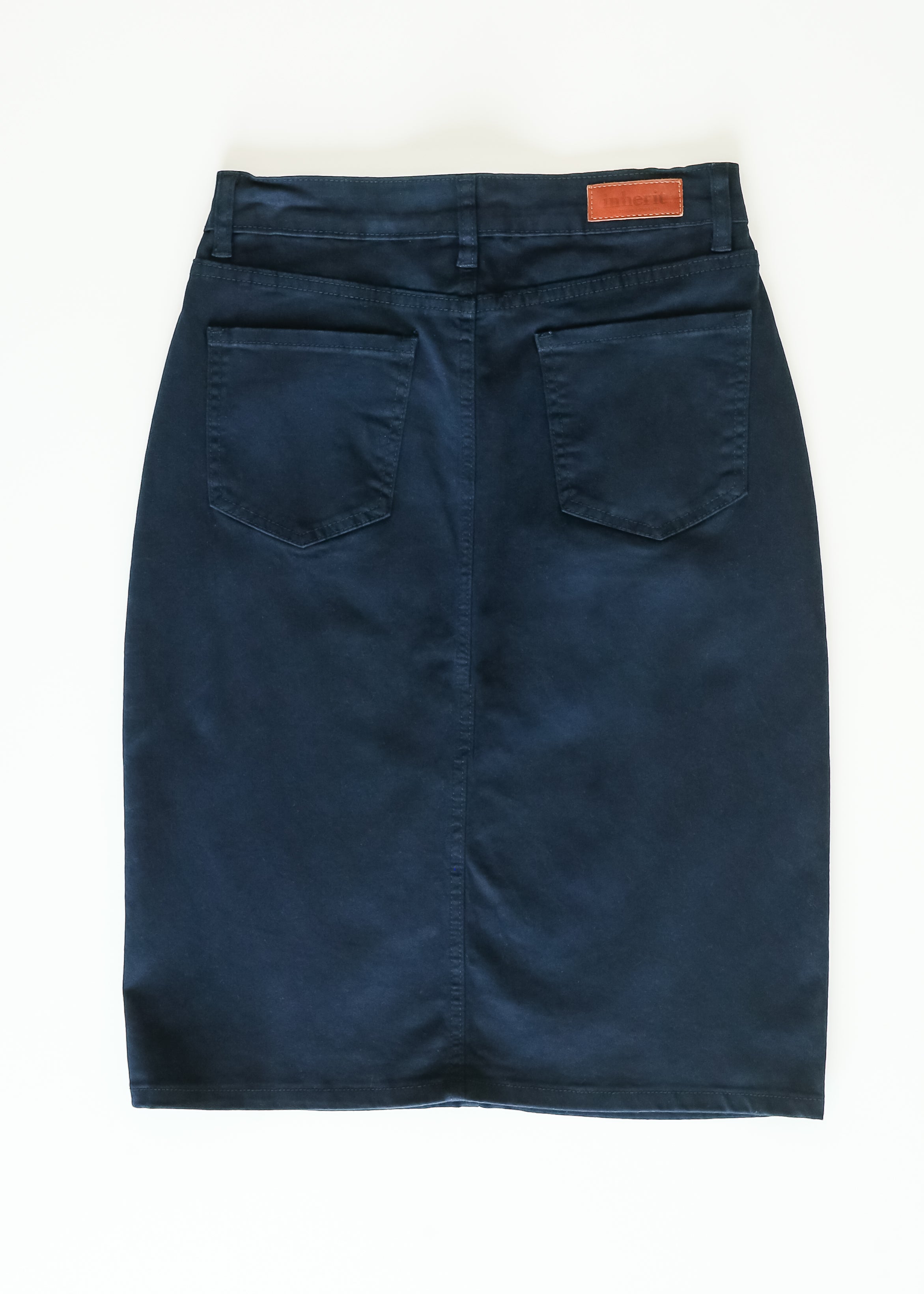 Inherit Co. Remi Navy Denim Midi Skirt — back view