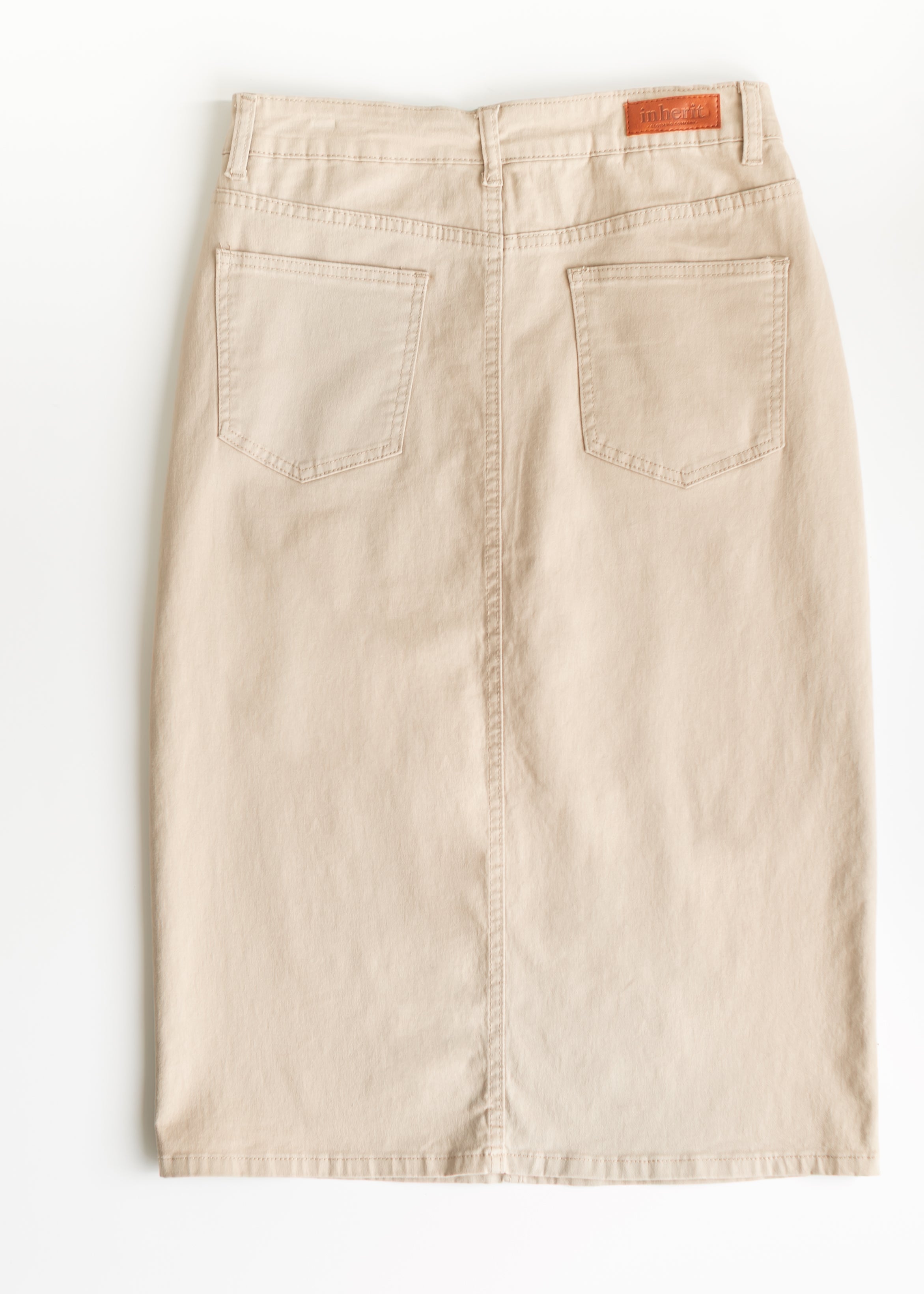 Inherit Co. Remi Simply Taupe Denim Midi Skirt — detail close-up