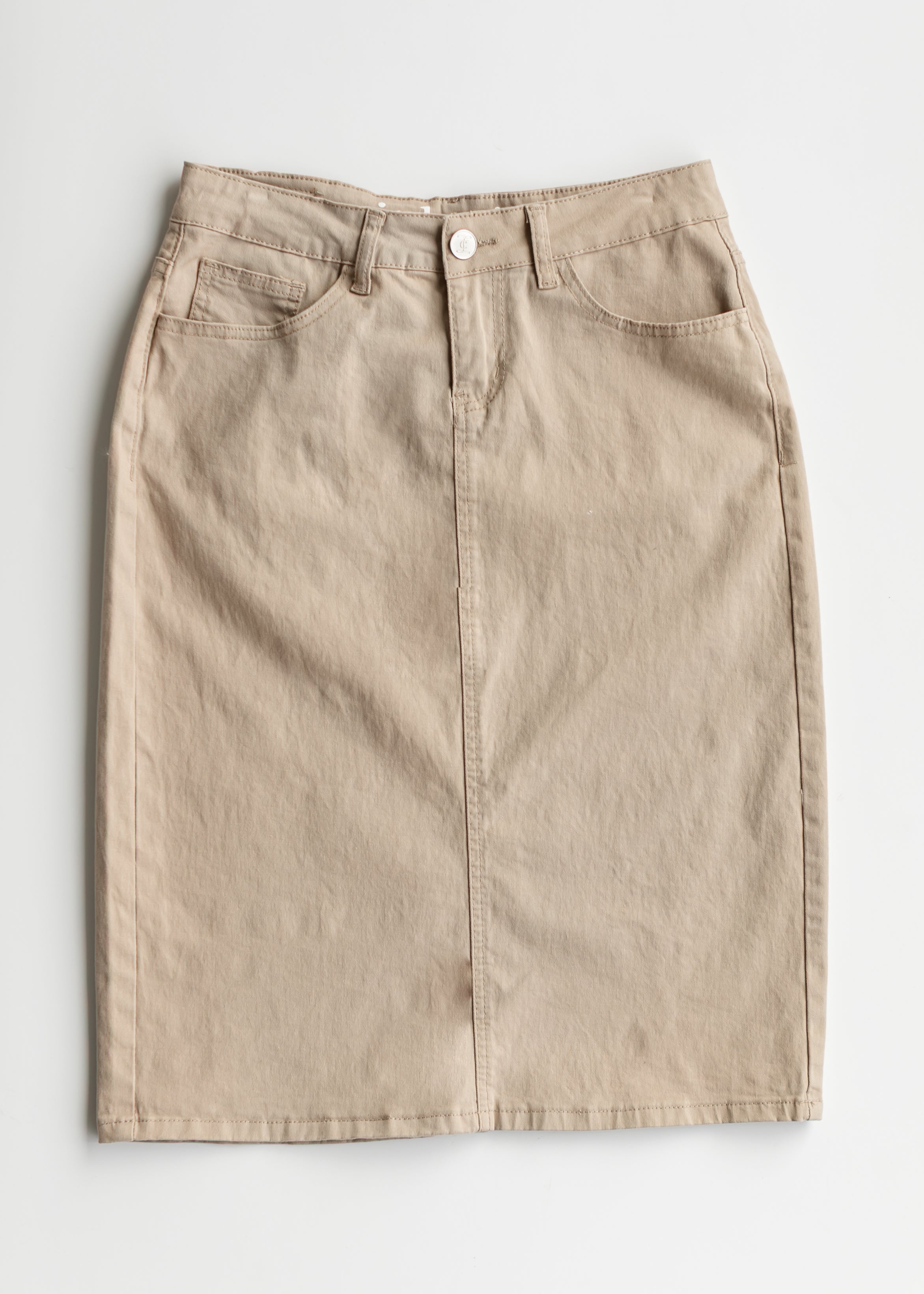 Inherit Co. Remi Simply Taupe Denim Midi Skirt — product on model