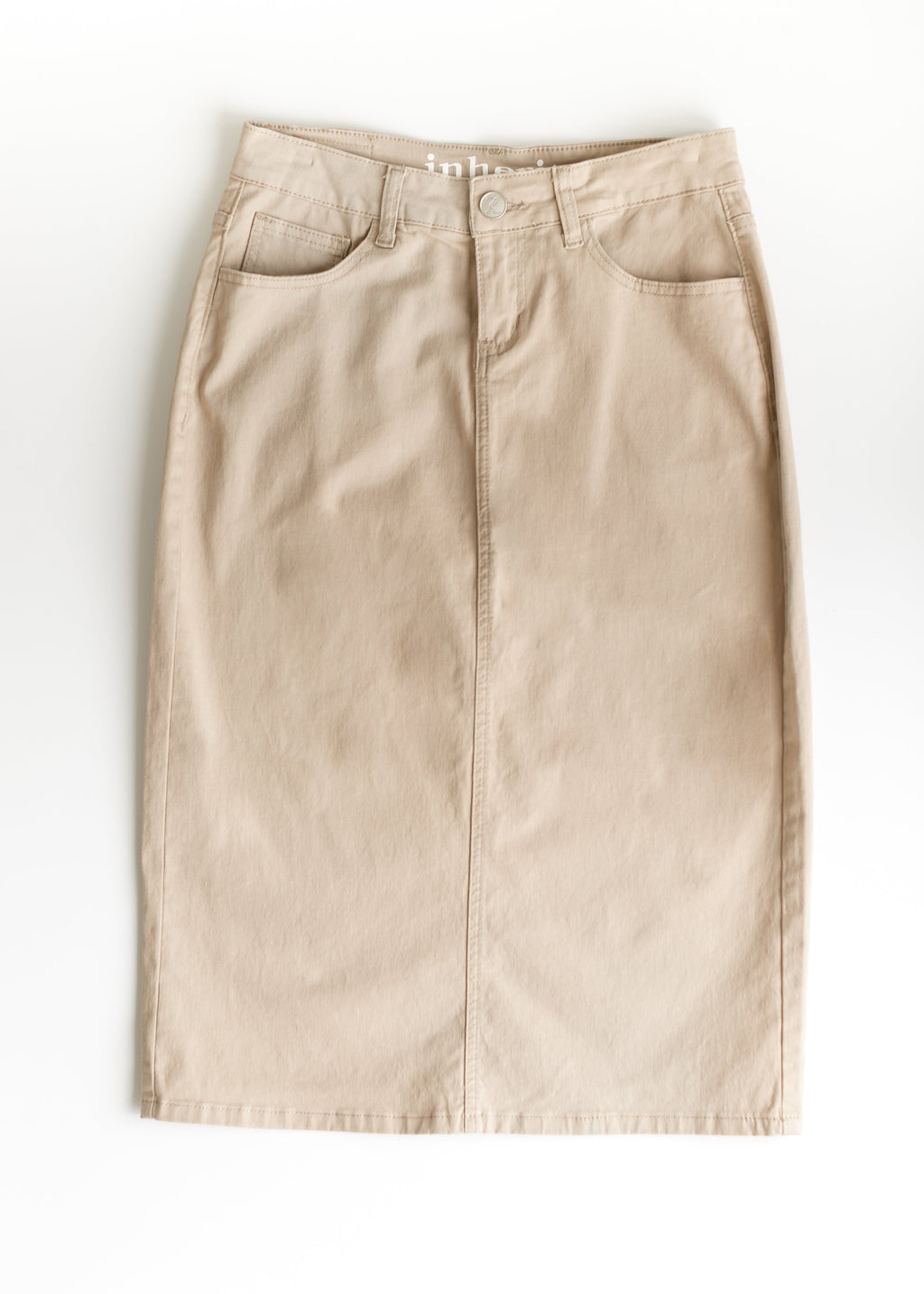 Inherit Co. Remi Simply Taupe Denim Midi Skirt — main product shot