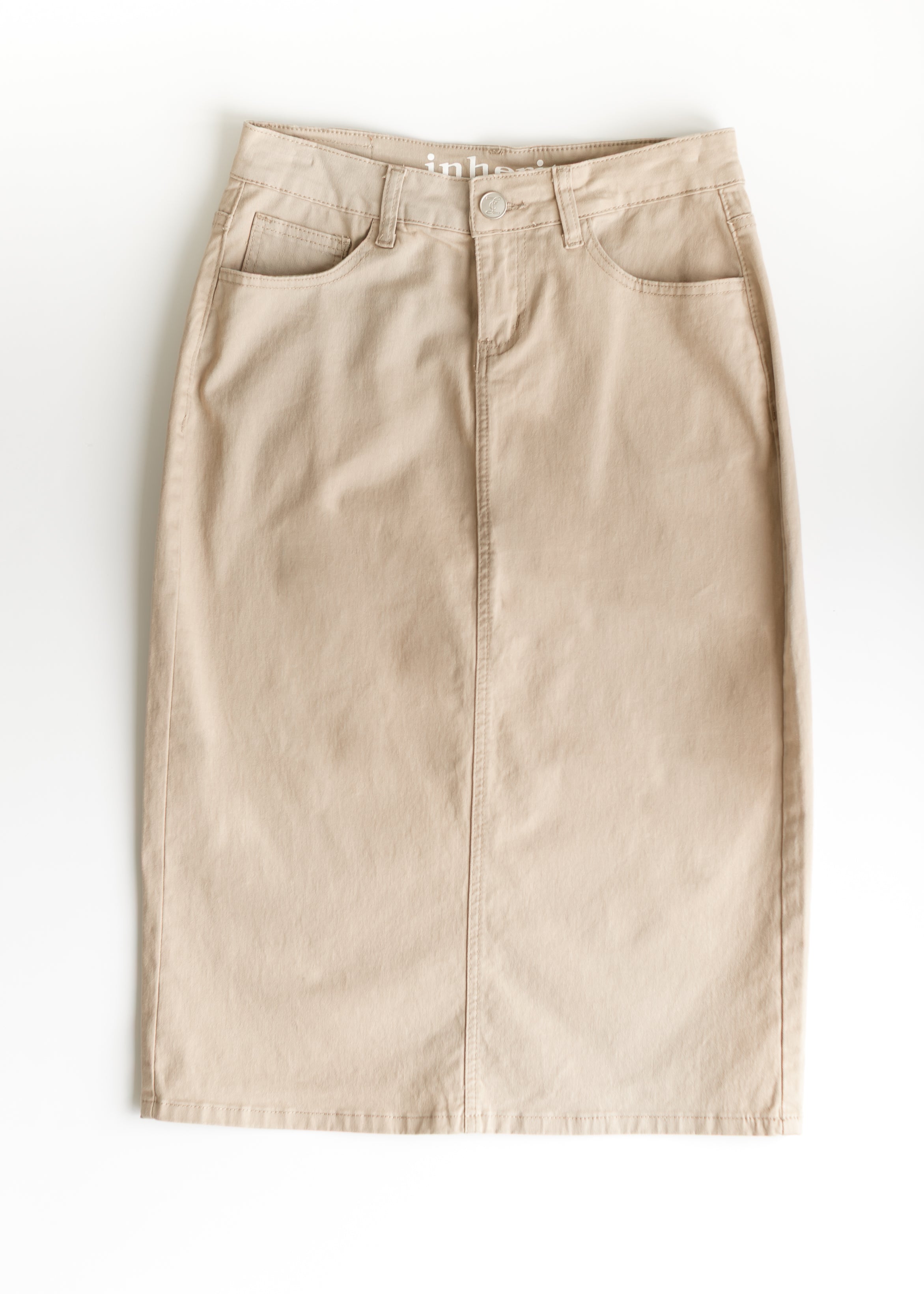 Inherit Co. Remi Simply Taupe Denim Midi Skirt — main product shot