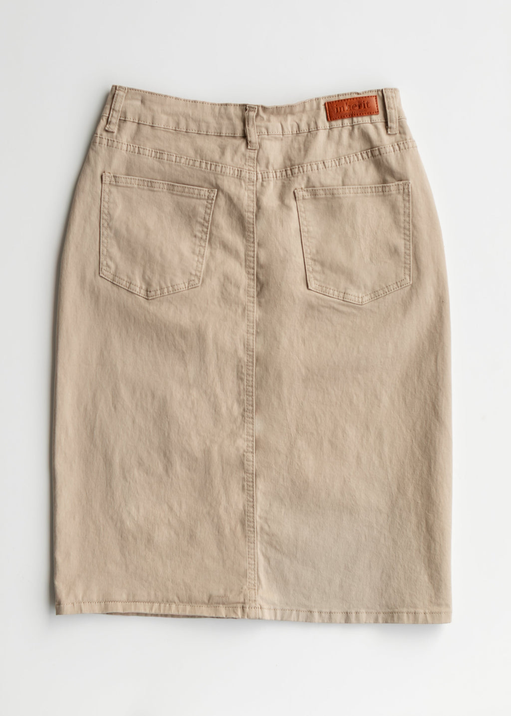 Inherit Co. Remi Simply Taupe Denim Midi Skirt — flat-lay composition