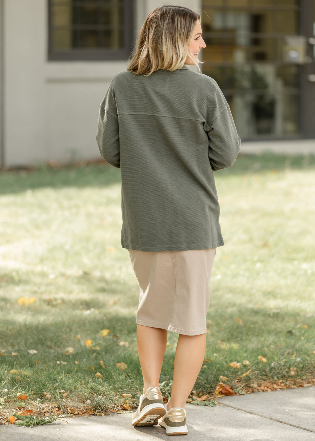 Inherit Co. Remi Simply Taupe Denim Midi Skirt — color detail