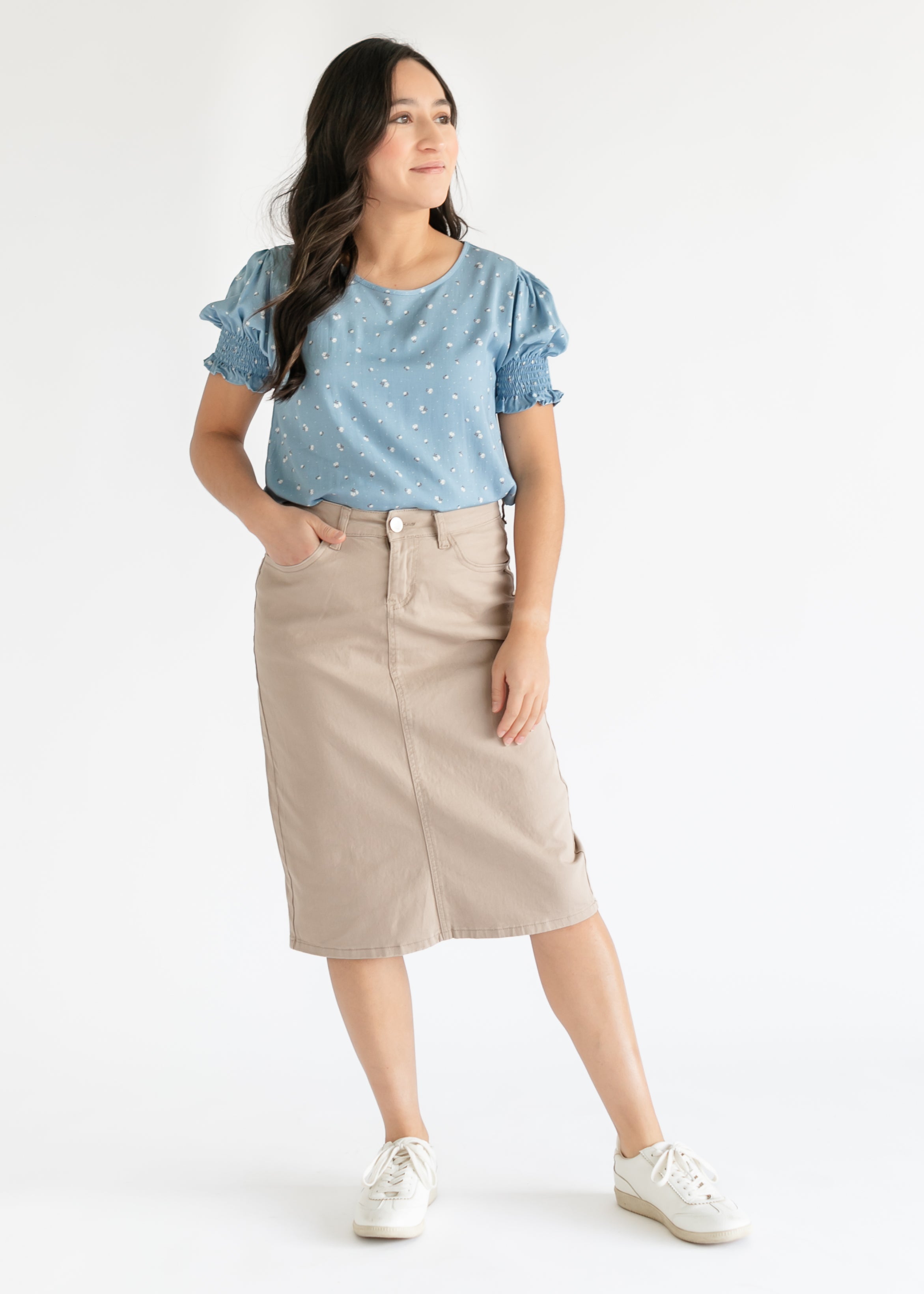 Inherit Co. Remi Simply Taupe Denim Midi Skirt — comparison shot