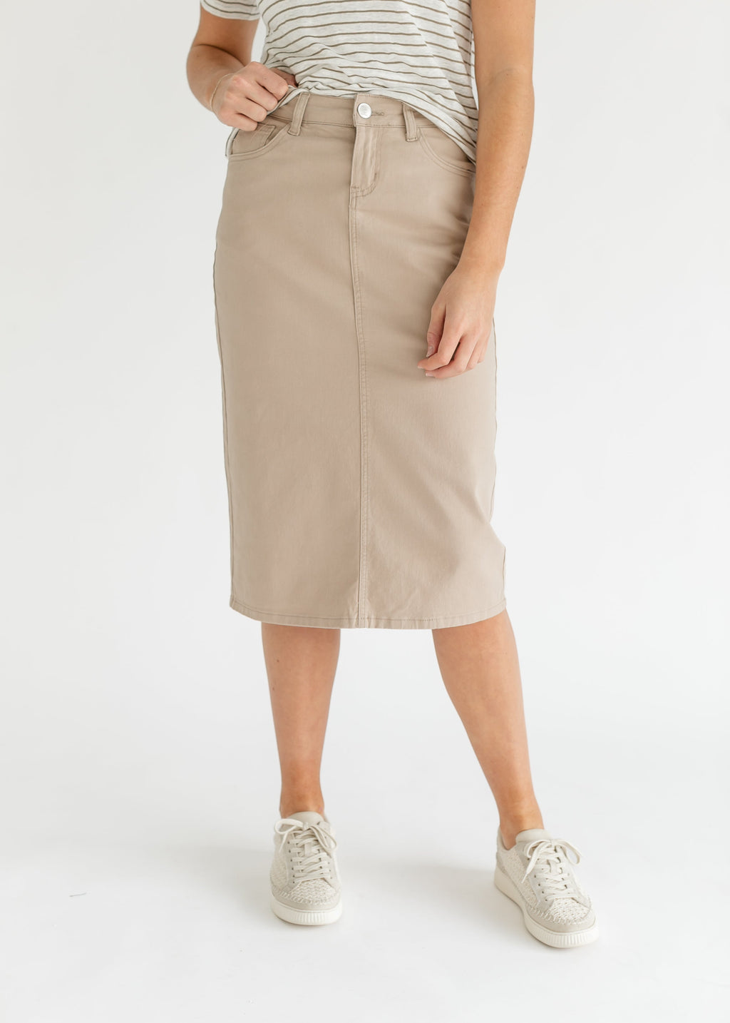Inherit Co. Remi Simply Taupe Denim Midi Skirt — packaging