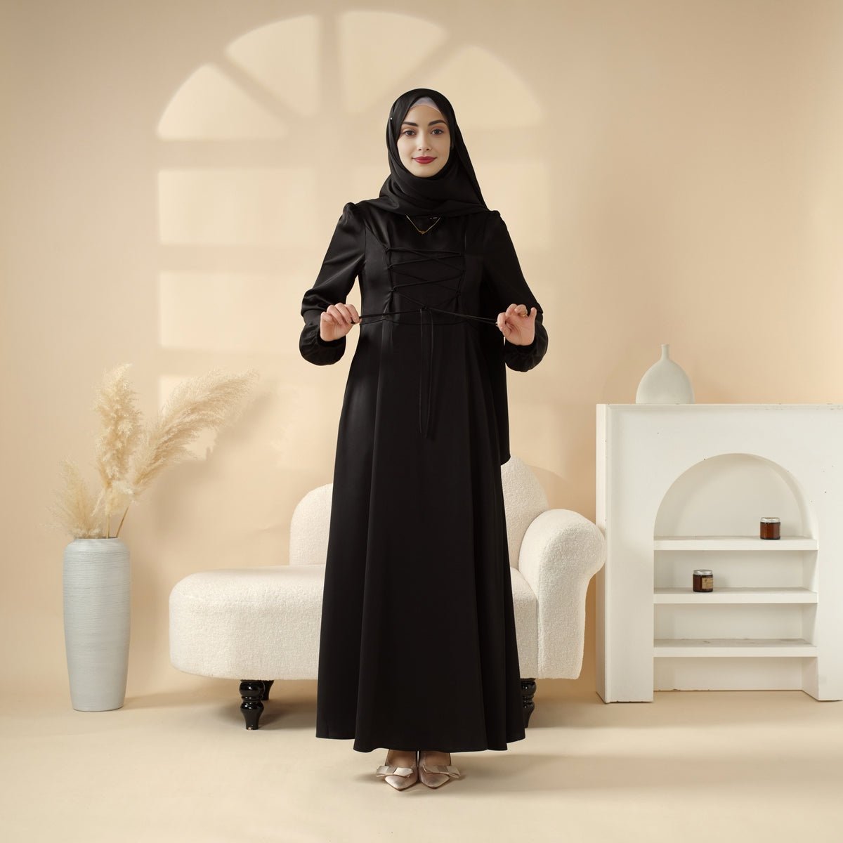 Mariam's Collection Removable Cross-Front Straps Design Premium Satin Dress Abaya (MA133) — construction detail