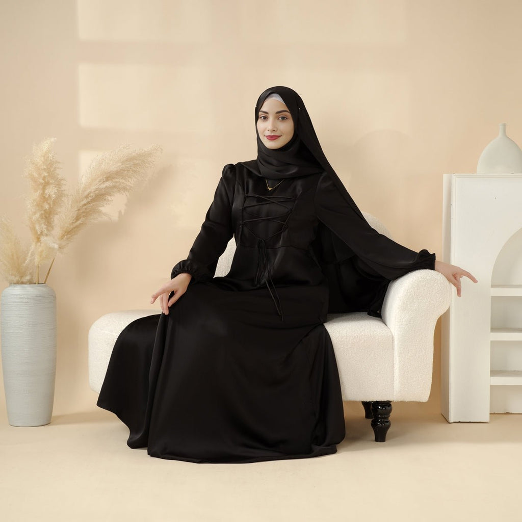 Mariam's Collection Removable Cross-Front Straps Design Premium Satin Dress Abaya (MA133) — lifestyle worn / used context