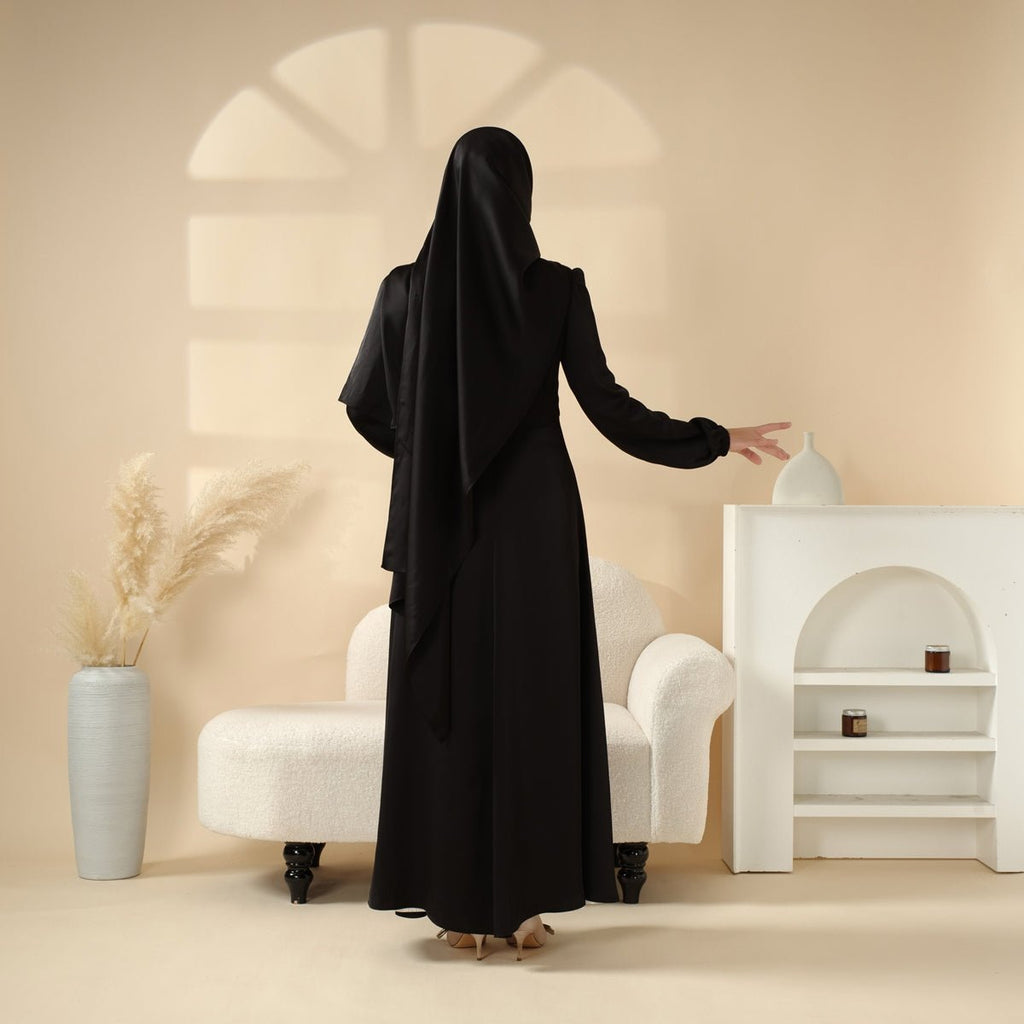 Mariam's Collection Removable Cross-Front Straps Design Premium Satin Dress Abaya (MA133) — Mariam's Collection branding close-up