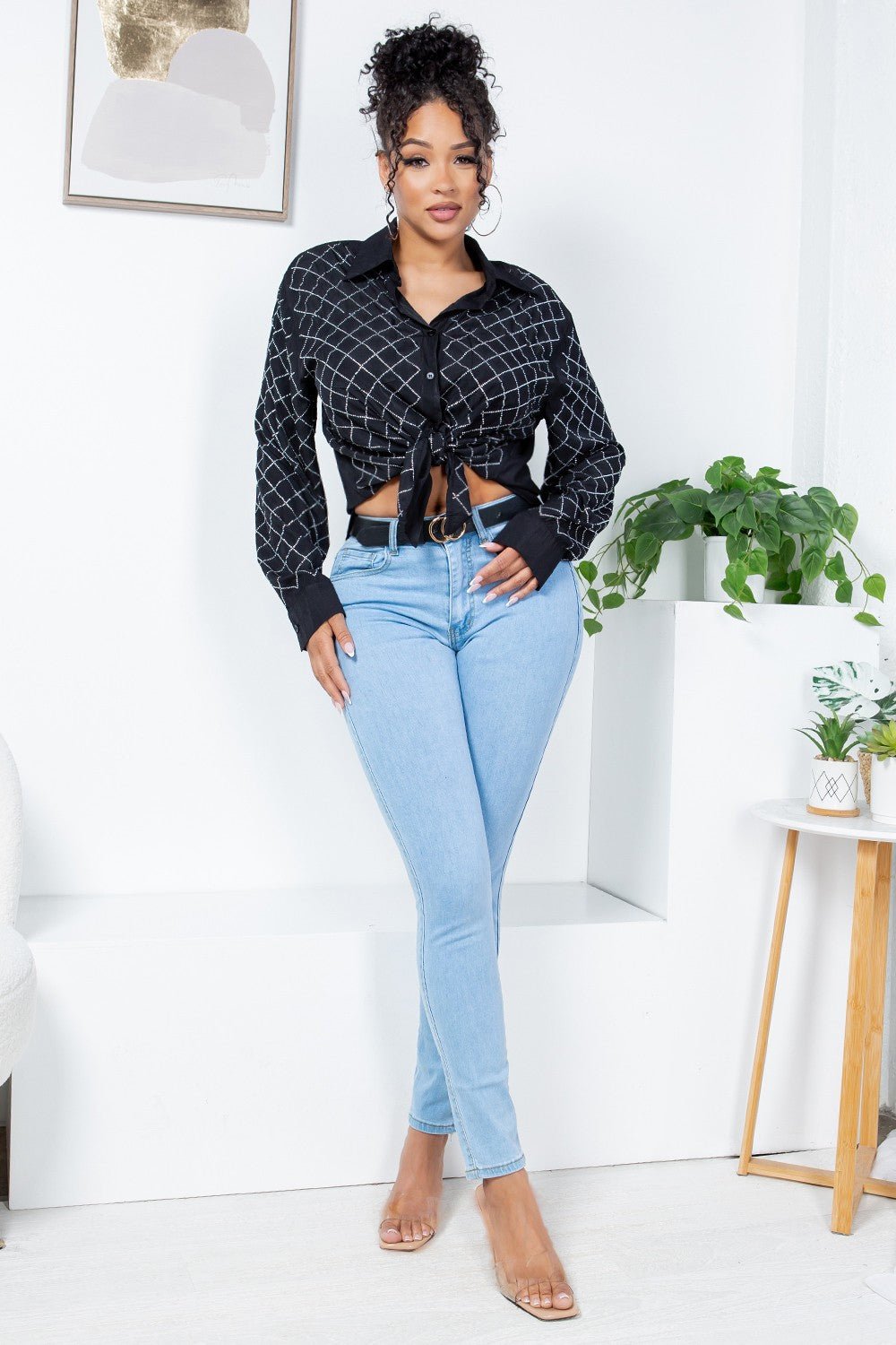 Rhinestone Button-Up Shirt Blouse – Effortless Glam Meets Everyday Comfort