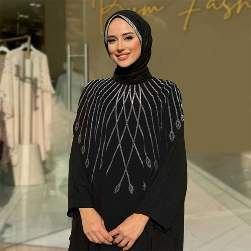 Rhinestone Embellished Butterfly Sleeve Abaya | Art Deco Kaftan Gown (MA374)