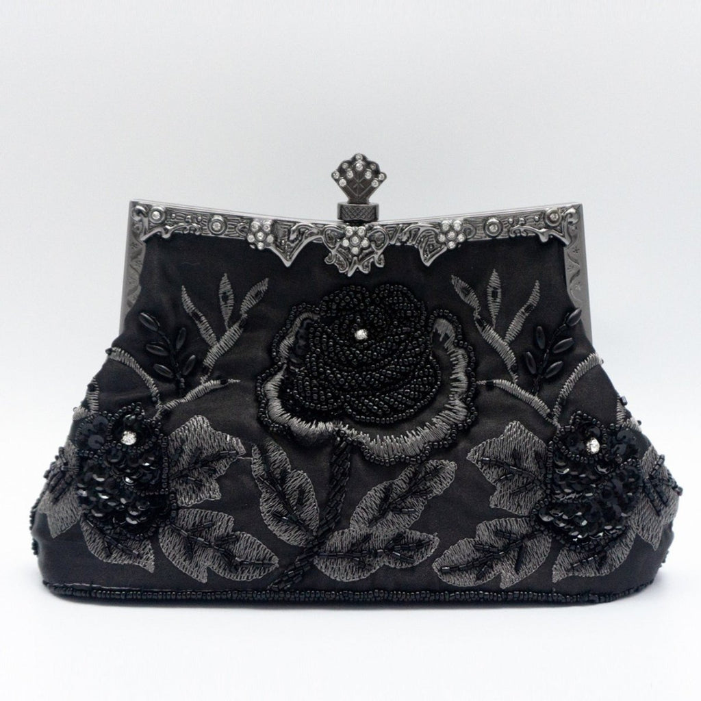 Mariam's Collection Rhinestone Rose Embroidery Beaded Vintage Clutch Bag (MAC292) — construction detail