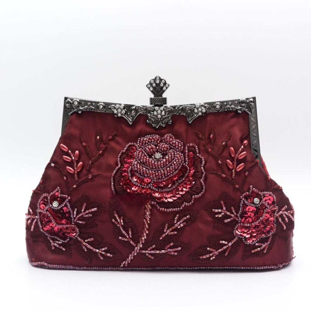 Mariam's Collection Rhinestone Rose Embroidery Beaded Vintage Clutch Bag (MAC292) — lifestyle worn / used context