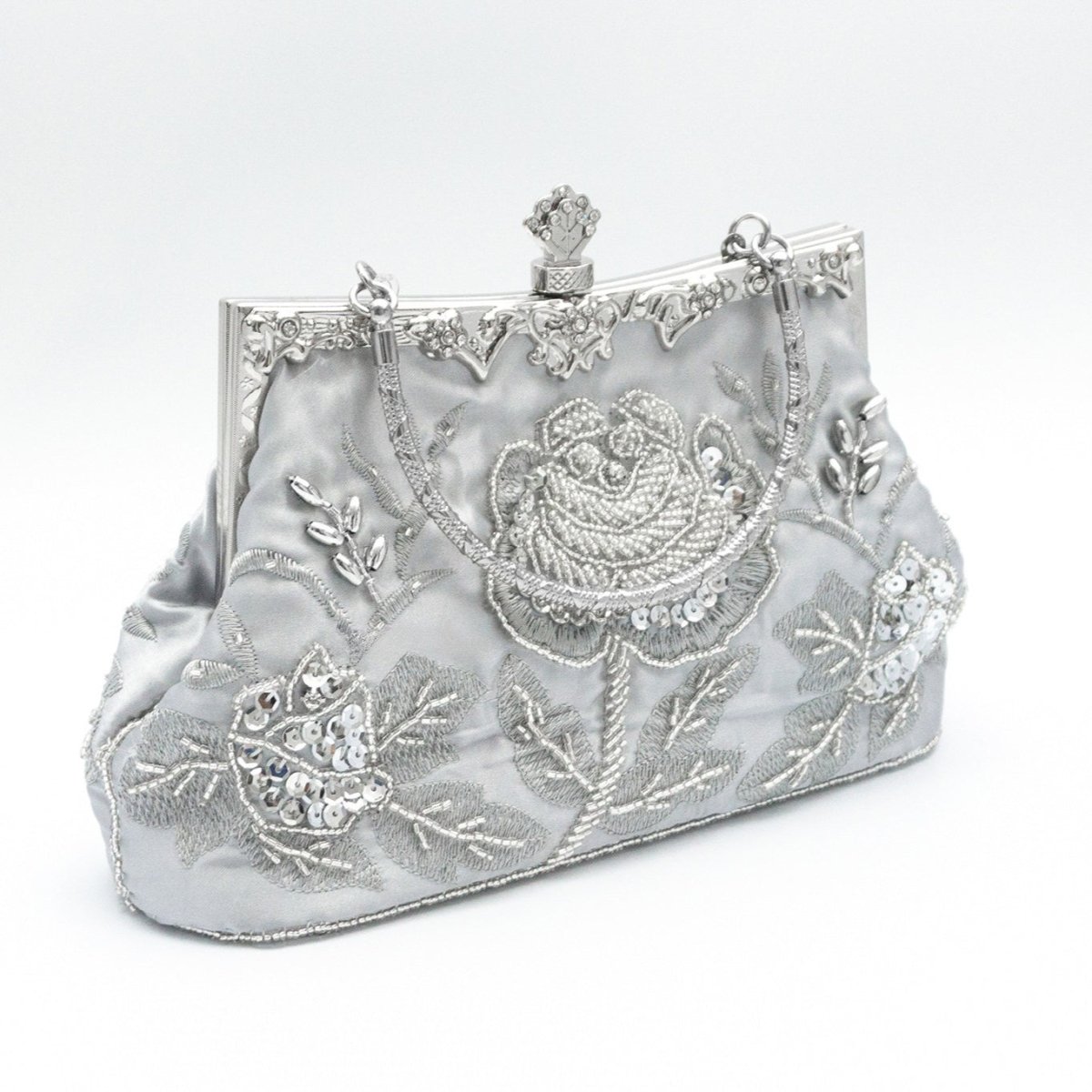 Mariam's Collection Rhinestone Rose Embroidery Beaded Vintage Clutch Bag (MAC292) — Mariam's Collection branding close-up