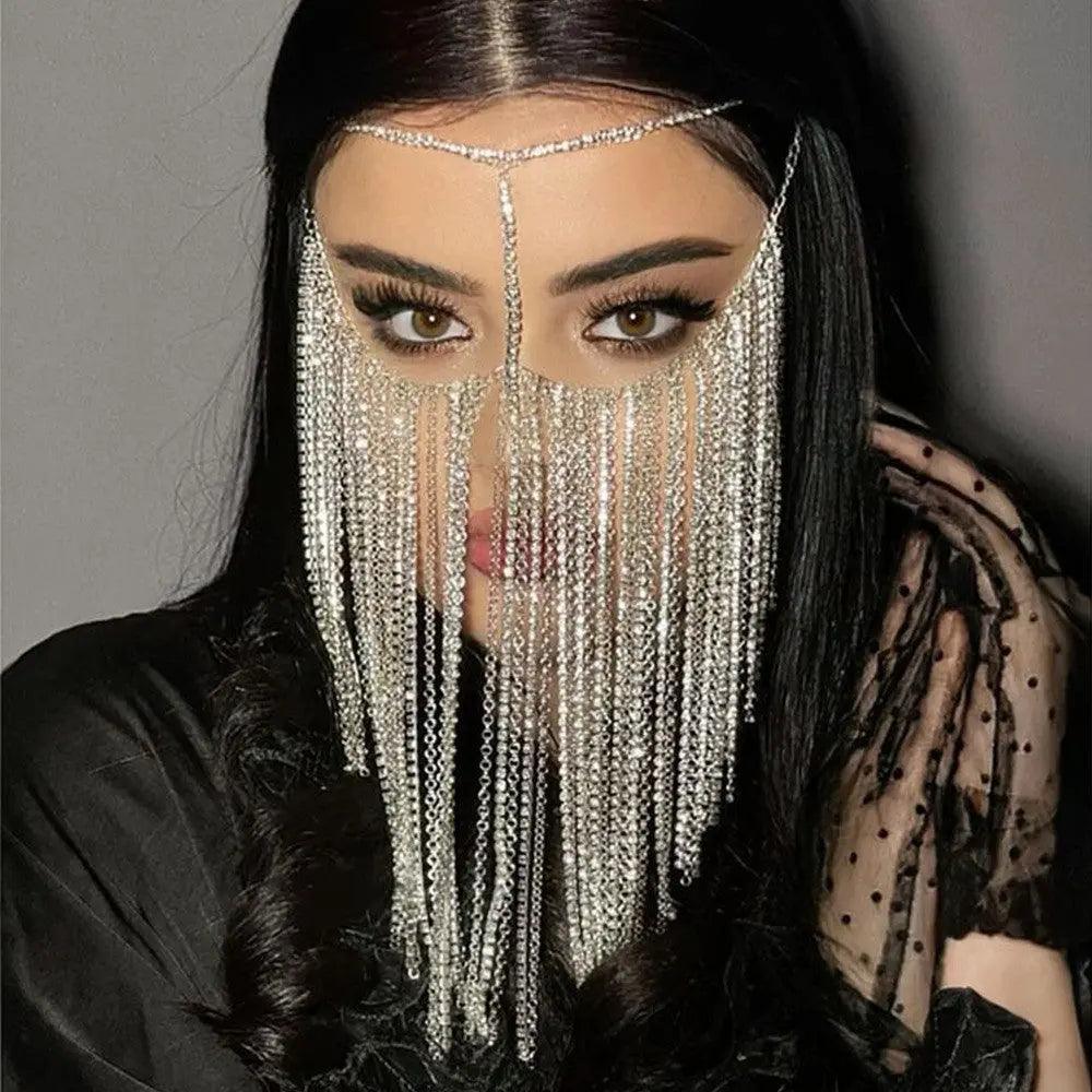 Mariam's Collection MAC054 Rhinestone Tassel Face Chain Mask - Bling Cover for Parties & Events — main product shot