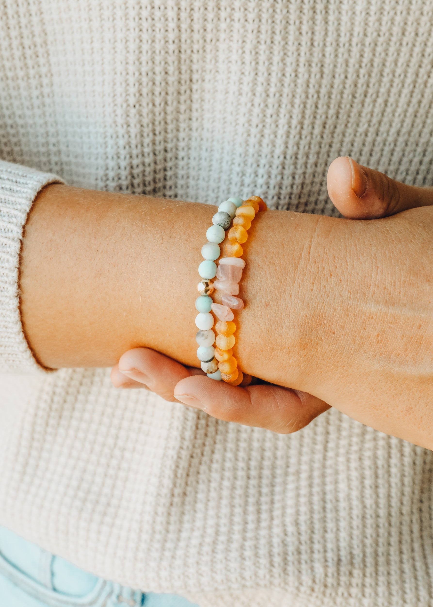CanyonLeaf Raw Honey Baltic Amber + Raw Rose Quartz || Adult Bracelet — main product shot