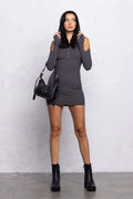 Ribbed Hoodie Mini Dress | Cut-Out Details & Thumb Hole Long Sleeve Streetwear