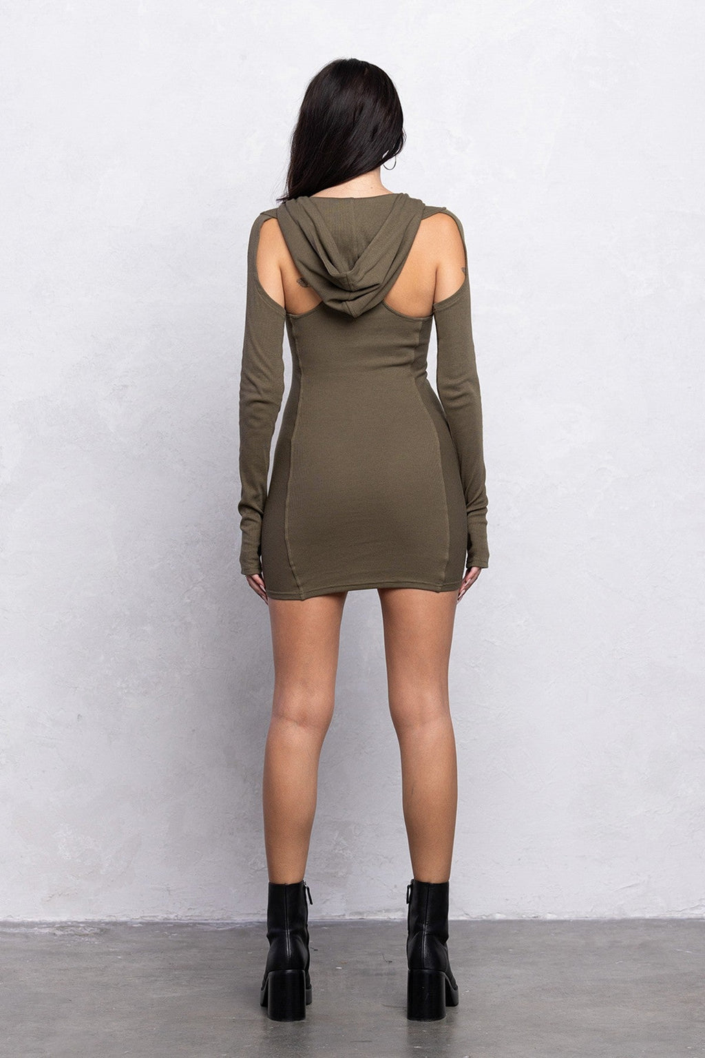 Ribbed Hoodie Mini Dress | Cut-Out Details & Thumb Hole Long Sleeve Streetwear