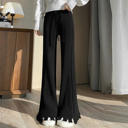Ribbed Knit Frayed Wide Leg Pants | High Waist Drawstring Flare Pants(MS164)