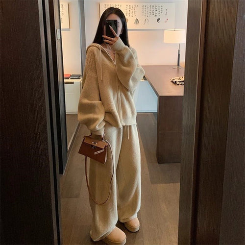 Ribbed Knit Zip-Up Hoodie Autumn Two-Piece Loungewear(MS162)