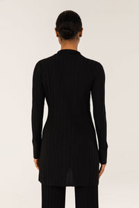 Ribbed Piping Button Up Split Cuff Top - Black Veiled 
