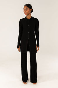 Ribbed Piping Button Up Split Cuff Top - Black Veiled 