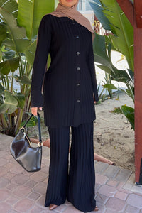 Ribbed Piping Button Up Split Cuff Top - Black Clothing Veiled 