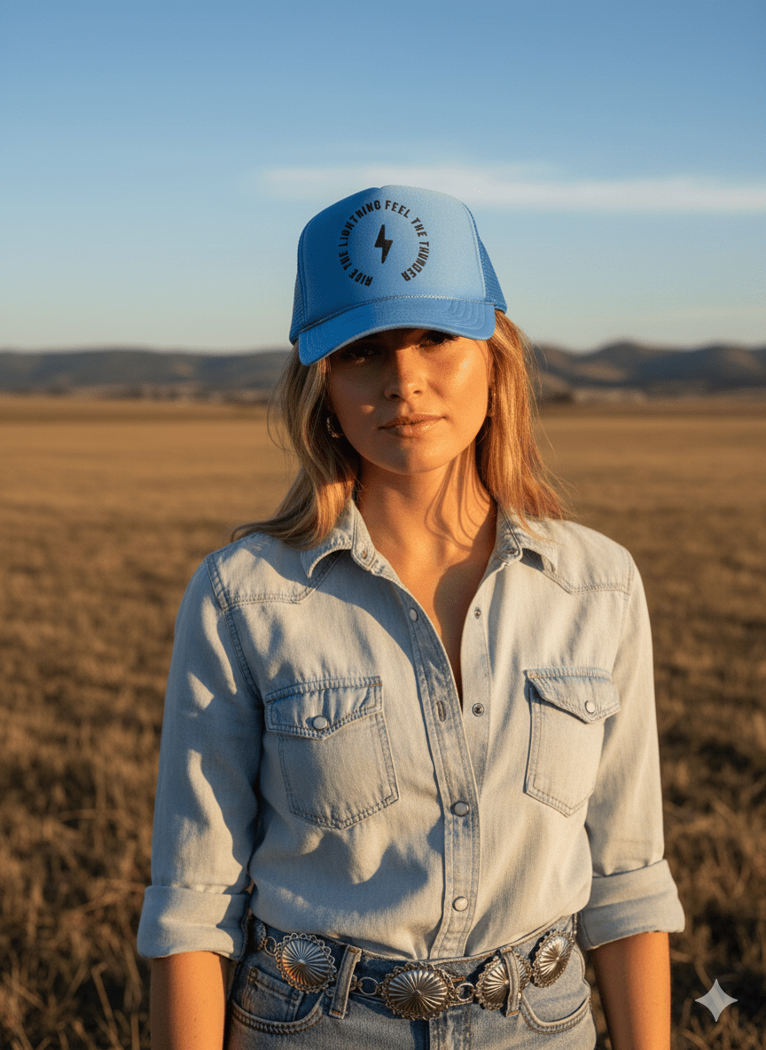 Wild Junkie Ride The Lightning Trucker Hat — construction detail