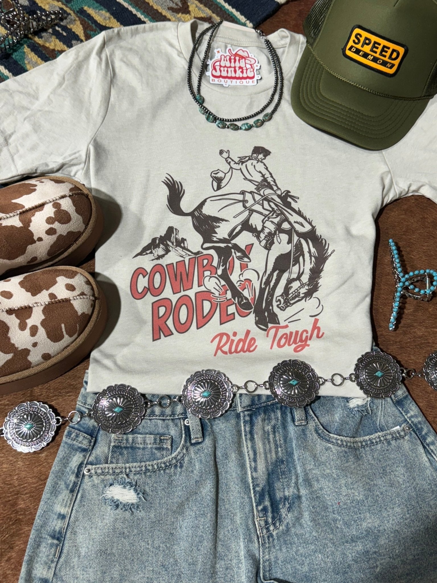 Wild Junkie Ride Tough Cowboy Rodeo Graphic Tee — lifestyle worn / used context