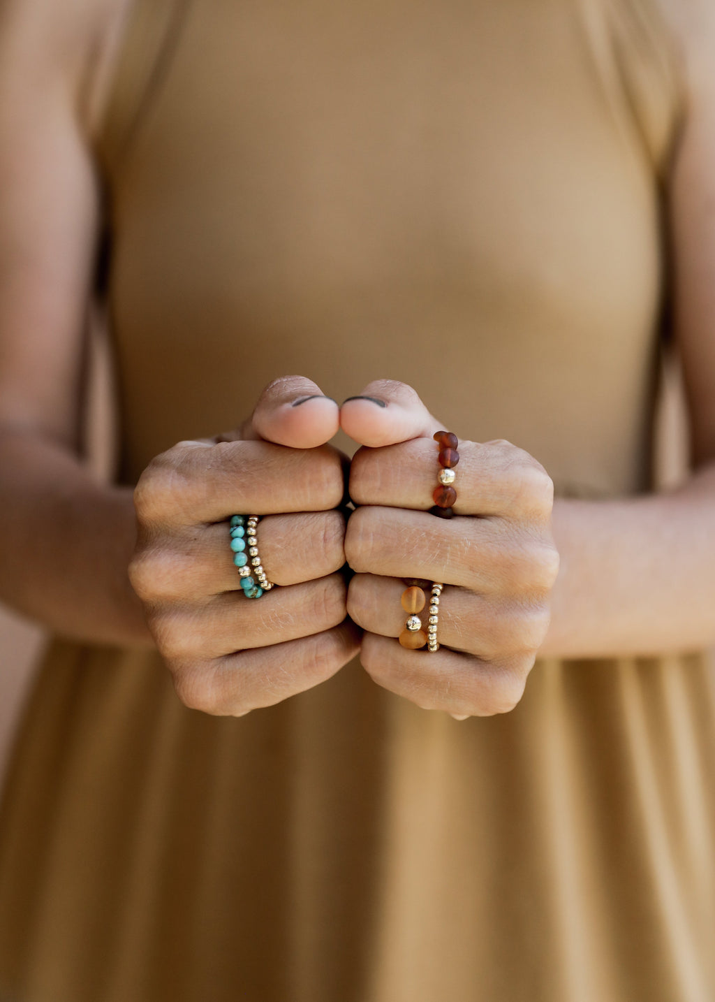 CanyonLeaf Raw Cognac Baltic Amber + 14K Gold Filled Beaded Ring Stack — in-use photo