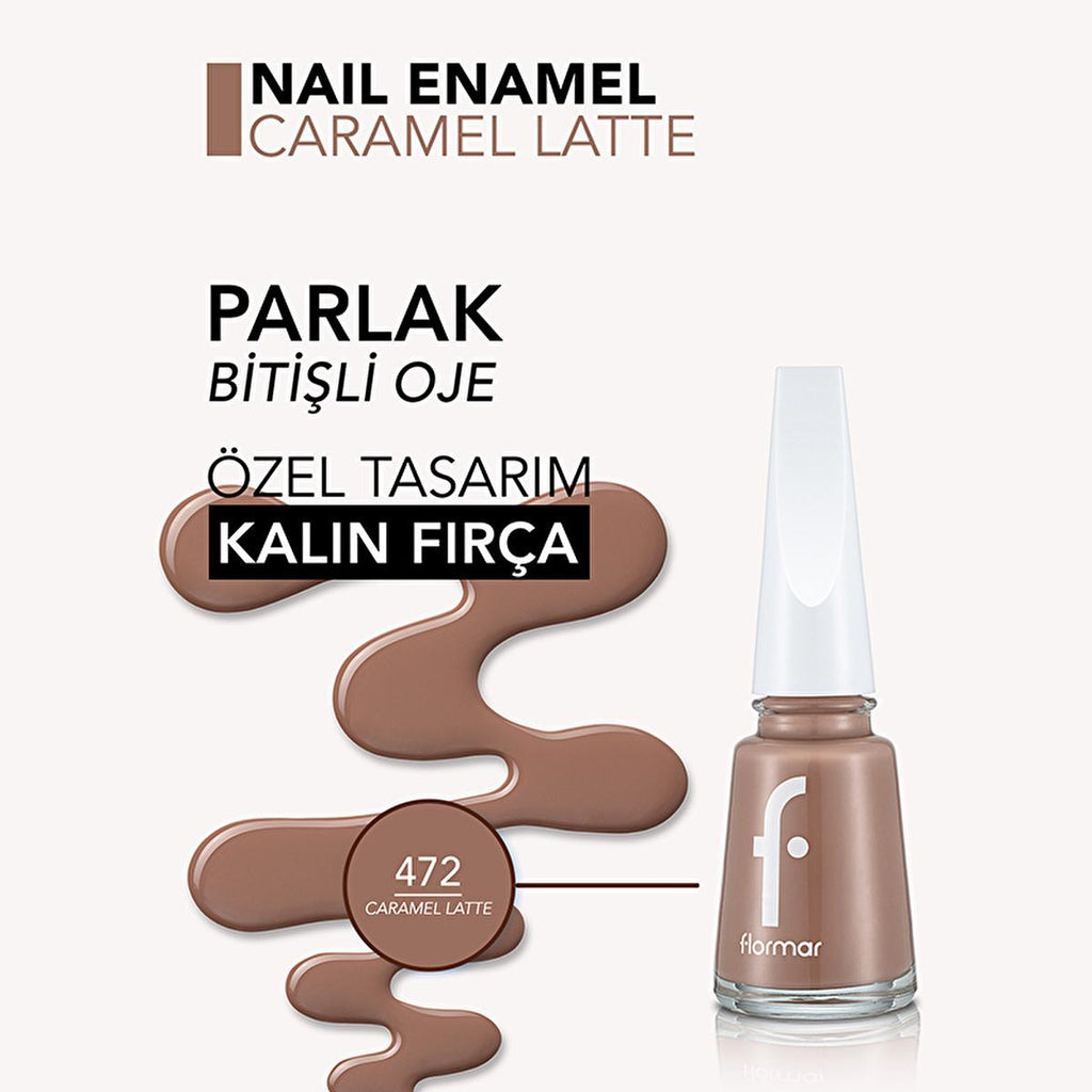 Flormar Nail Enamel: High Pigment, Long Lasting Nail Polish - 472 Caramel Latte - Chip Resistant, Glossy Finish for Stunning Nails
