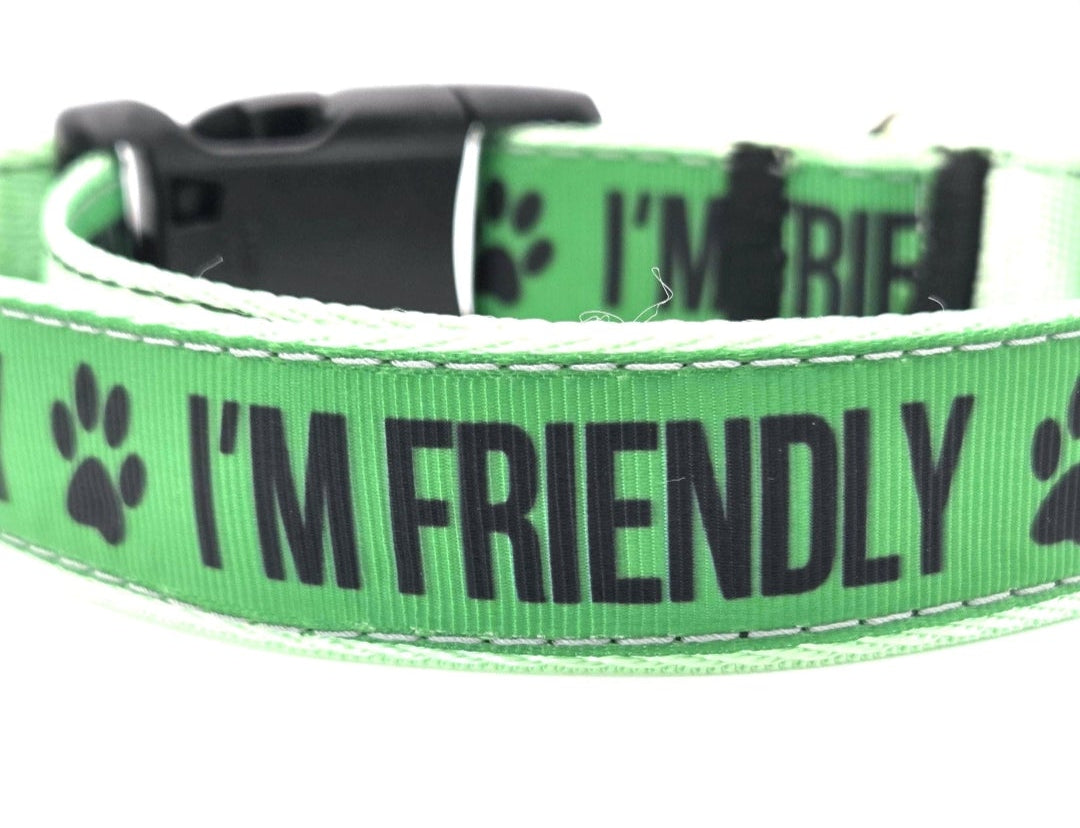 Rewarding Rover LLC I'M FRIENDLY Dog Collar | Green Social Pet Gear, 14-21.5 Inches — image 1
