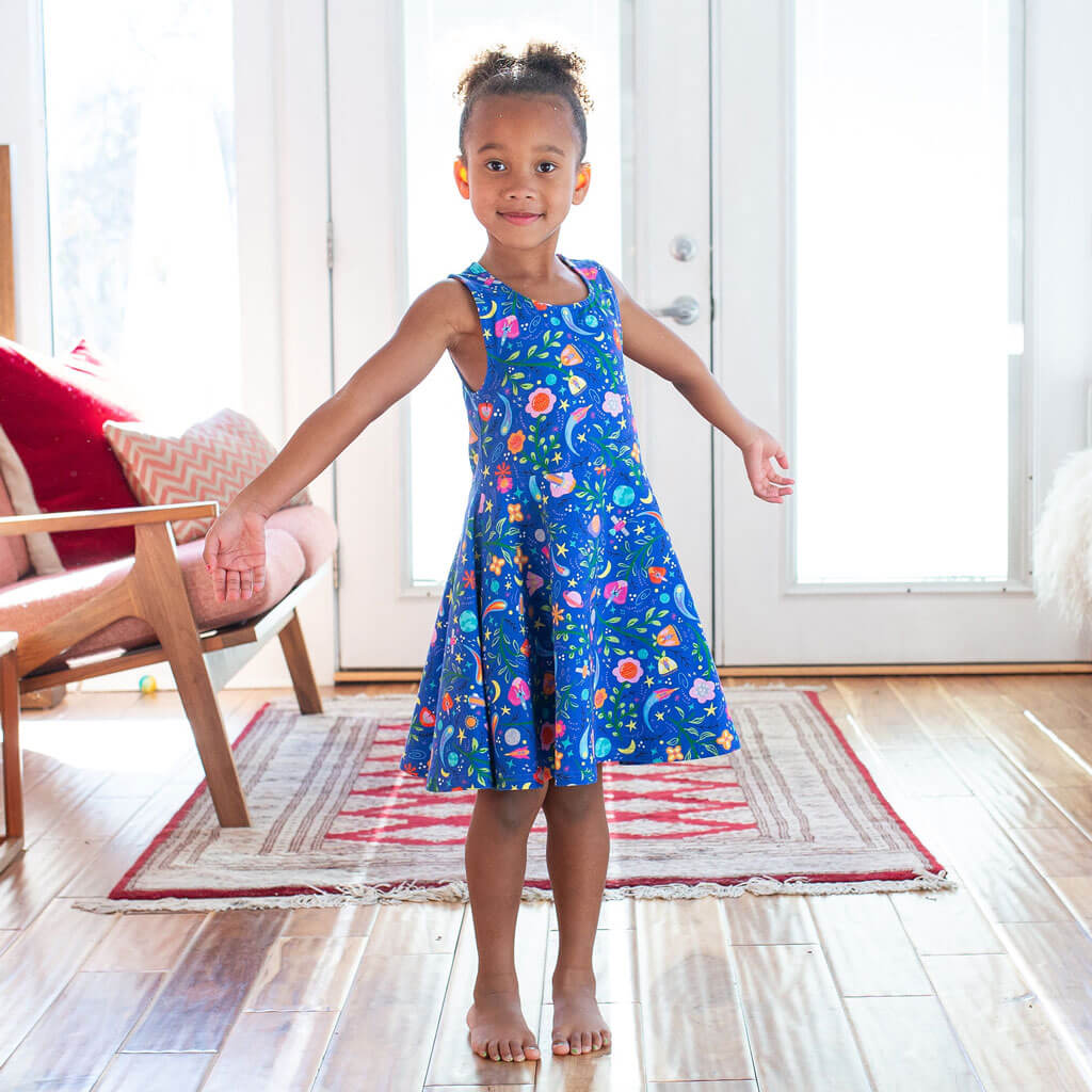 Princess Awesome & Boy Wonder "Gardeners of the Galaxy" Space Paisley Sleeveless Play Dress with Pockets — main product shot