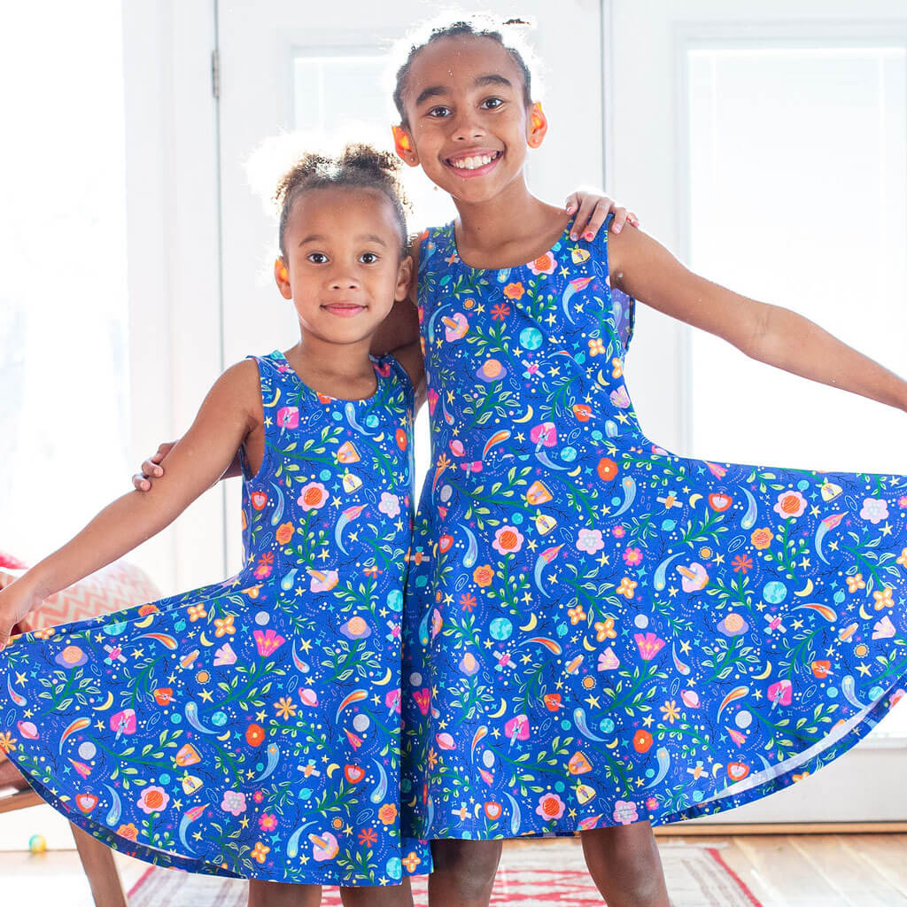 Princess Awesome & Boy Wonder "Gardeners of the Galaxy" Space Paisley Sleeveless Play Dress with Pockets — dresses category context