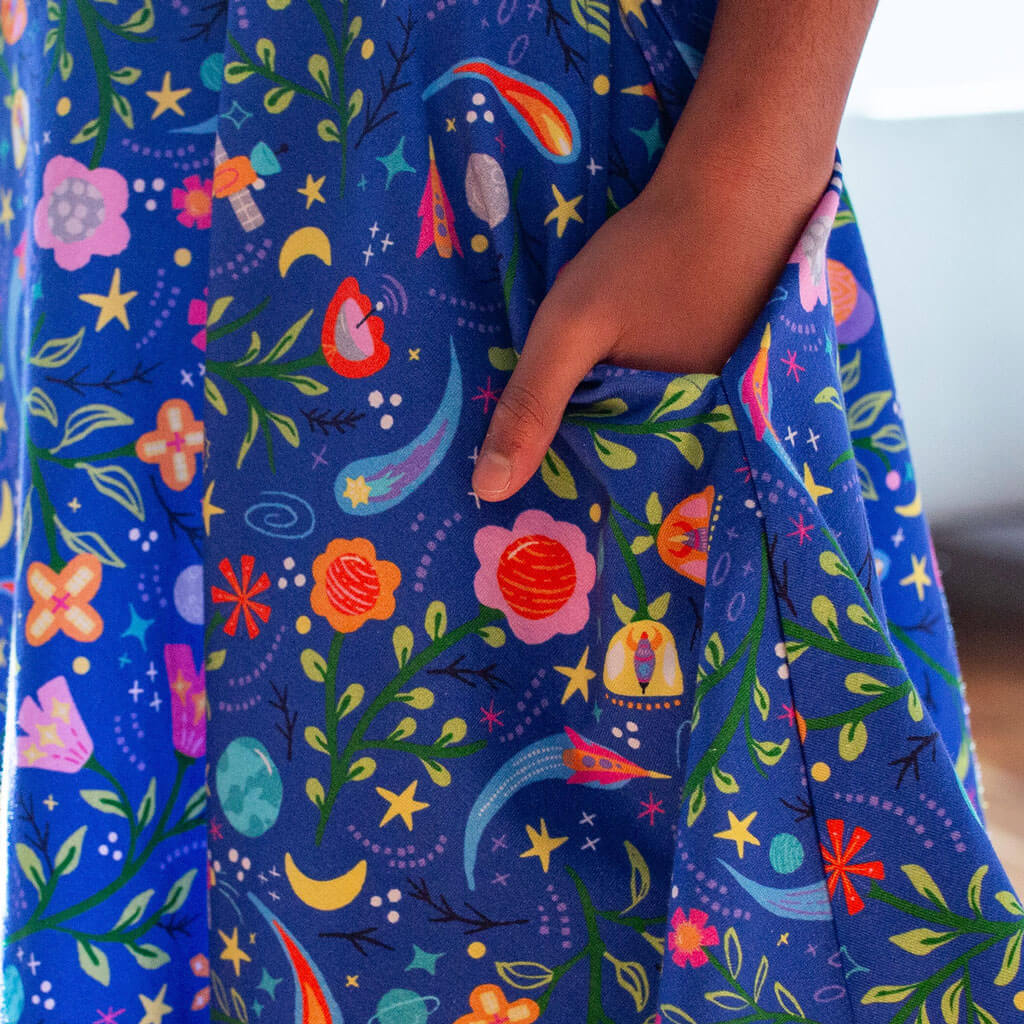 Princess Awesome & Boy Wonder "Gardeners of the Galaxy" Space Paisley Sleeveless Play Dress with Pockets — construction detail