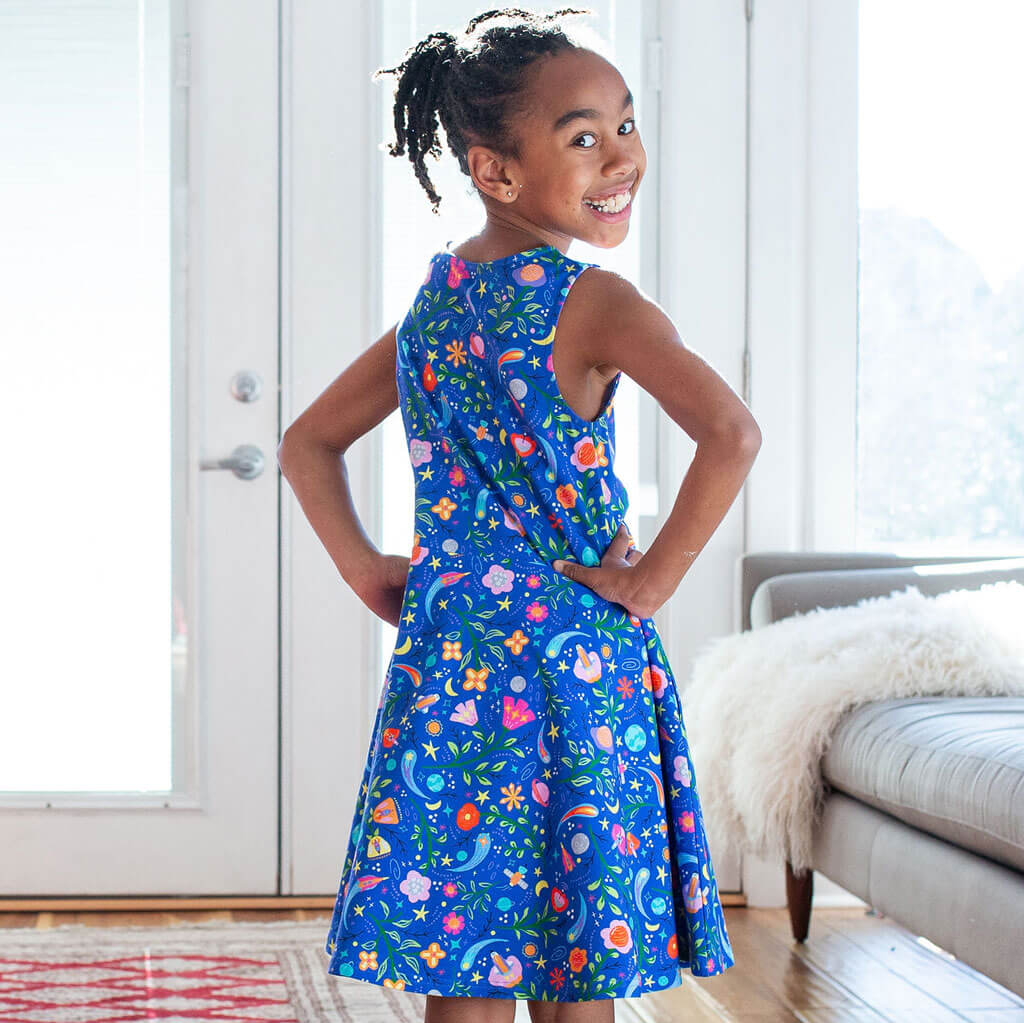 Princess Awesome & Boy Wonder "Gardeners of the Galaxy" Space Paisley Sleeveless Play Dress with Pockets — lifestyle worn / used context