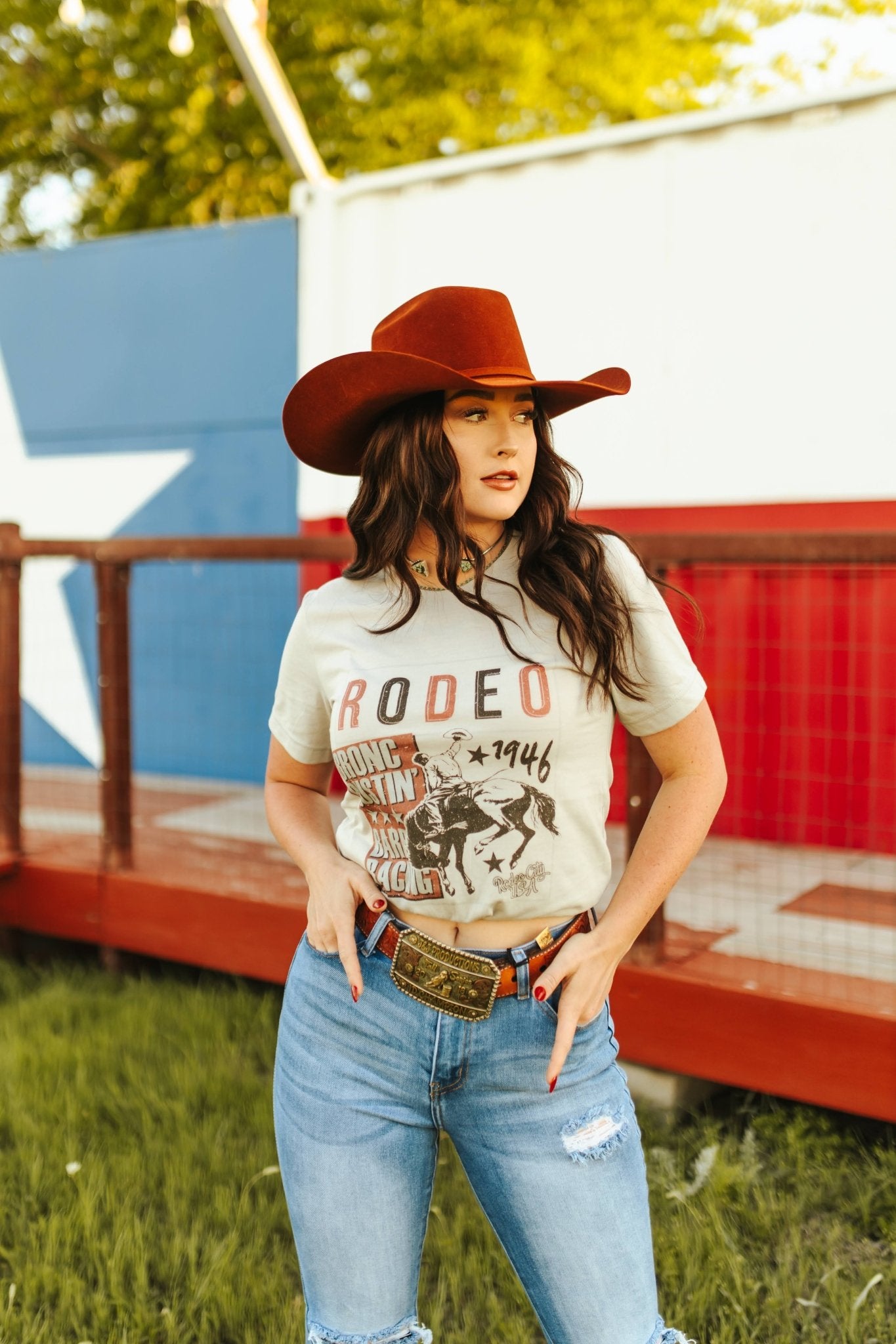 Wild Junkie Bronc Bustin' Rodeo 1946 Graphic Tee — detail close-up