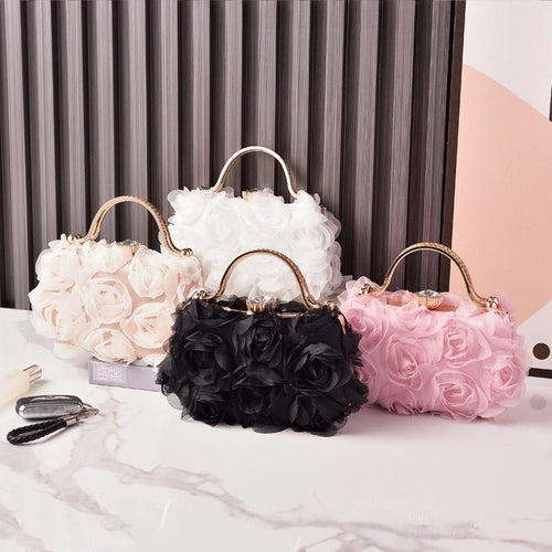 Rose Flower Evening Clutch | Bridal Wedding Bag with Metal Handle(MAC357)