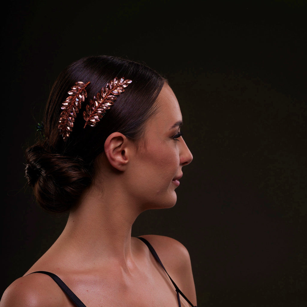 Rose Gold Crystal Leaf Hair Comb Set – Bridal Port, view 4