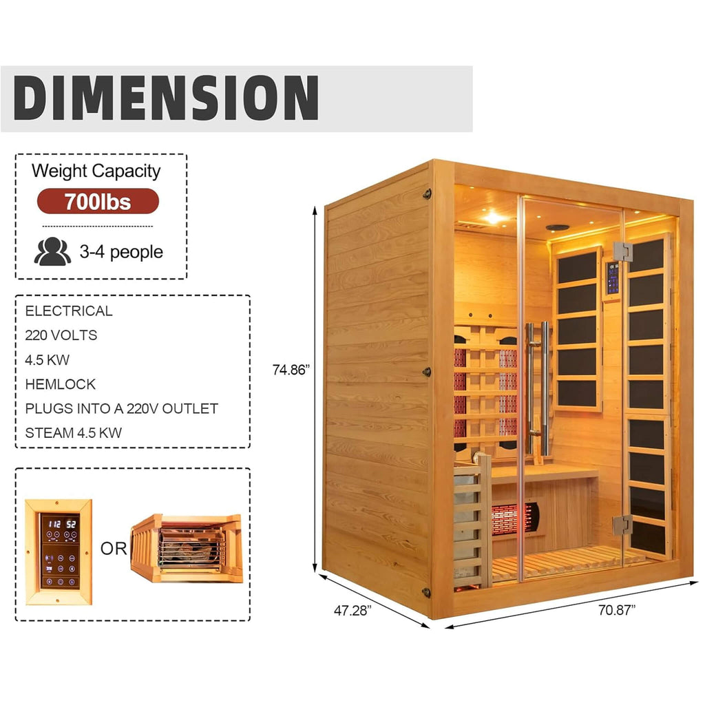 Rövia Aurora 3-Person Indoor Hybrid Sauna Room With Infrared And 4.5KW Steam Heater [Made-To-Order] (SAK41592) – SAKSBY WHOLE