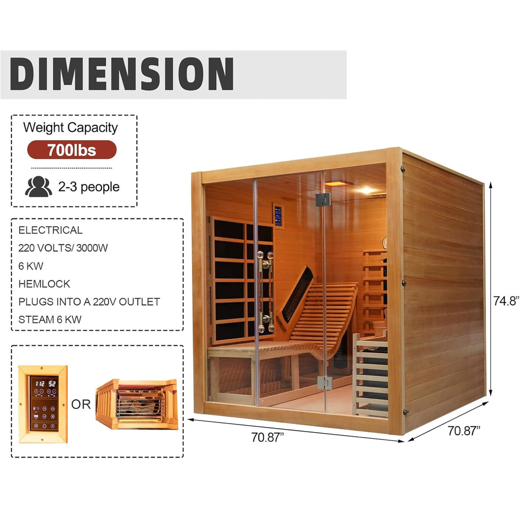 Rövia Oasis 3-Person Indoor Hybrid Sauna Room With Built-In Lounge Chair [Made-To-Order] (SAK35182) – SAKSBY WHOLESALE, view 