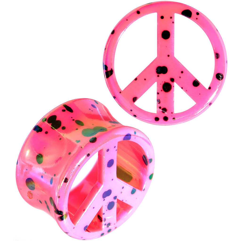 BodyCandy Black Speckled Pink Acrylic Peace Sign Saddle Plug Set 10mm to 20mm — main product shot