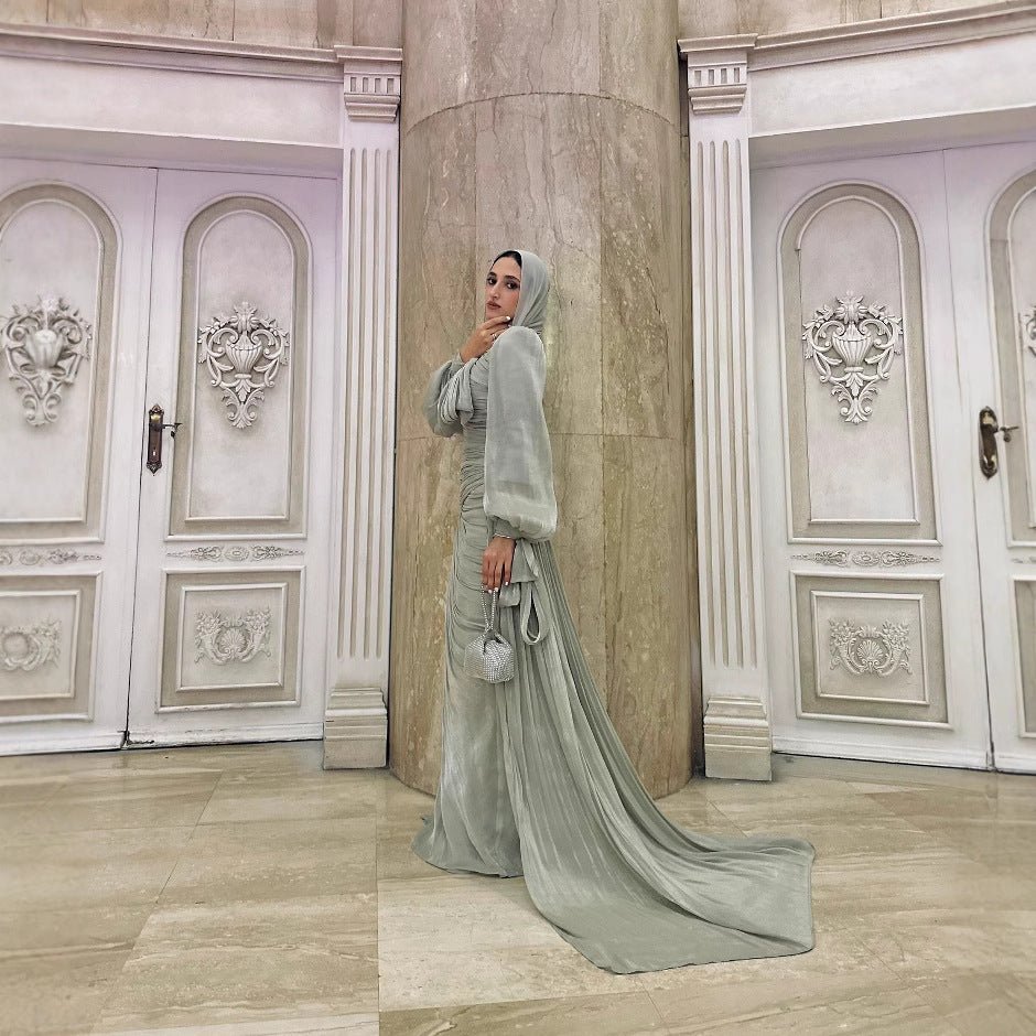 Ruched Evening Dress | Puff Sleeve Bodycon Maxi Dress(MS280)