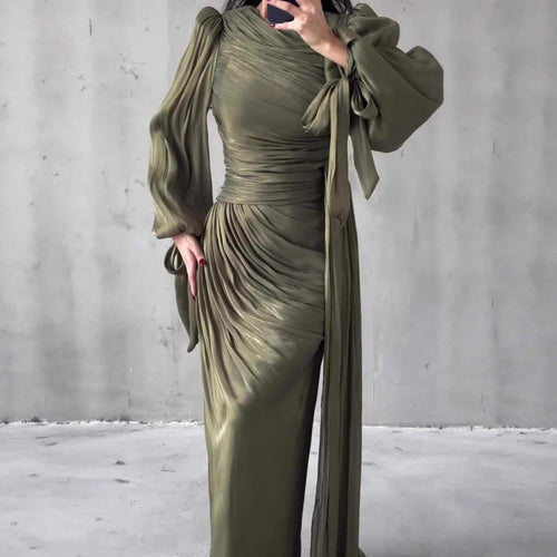 Ruched Evening Dress | Puff Sleeve Bodycon Maxi Dress(MS280)