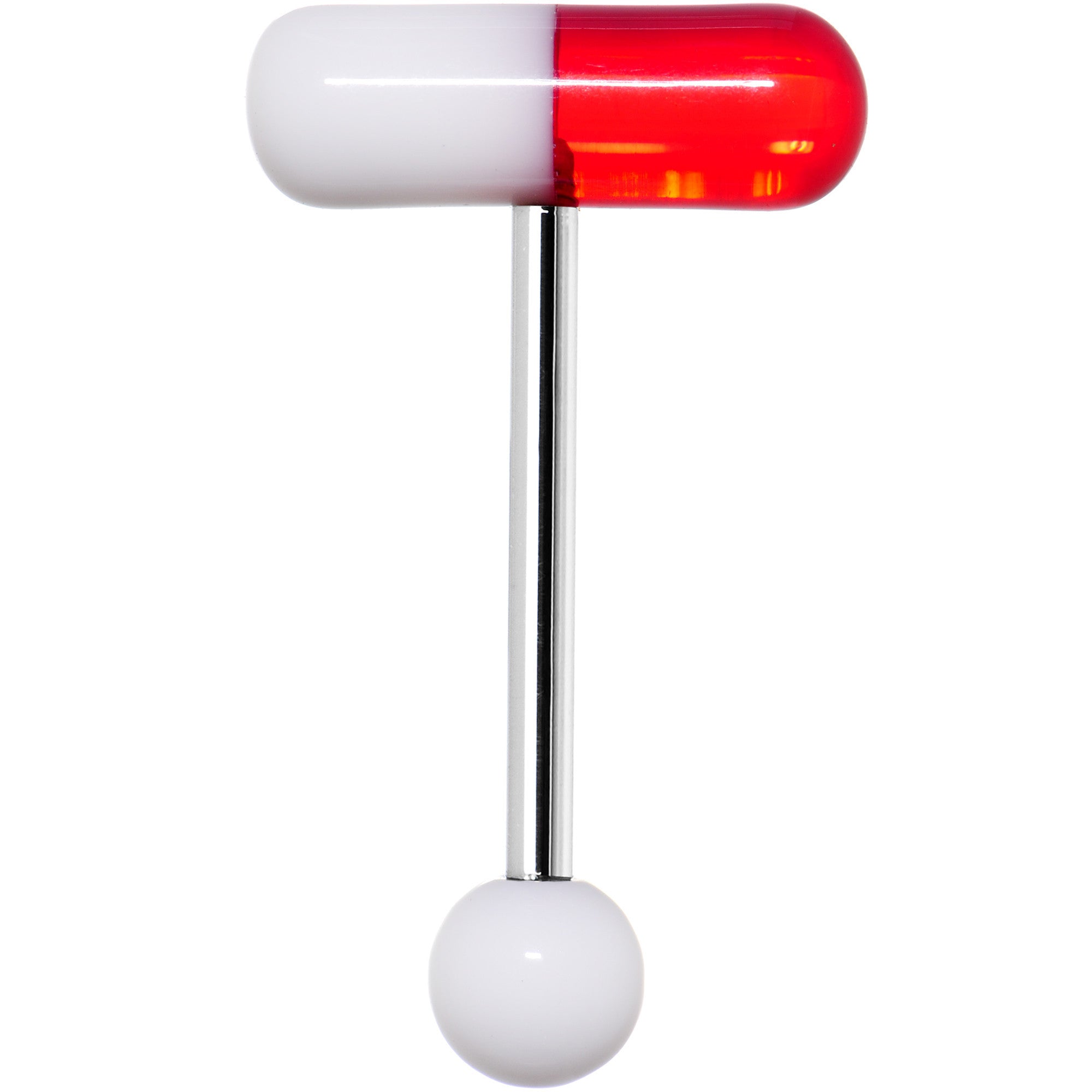 BodyCandy Red White Acrylic Capsule Pill Top Barbell Tongue Ring — detail close-up