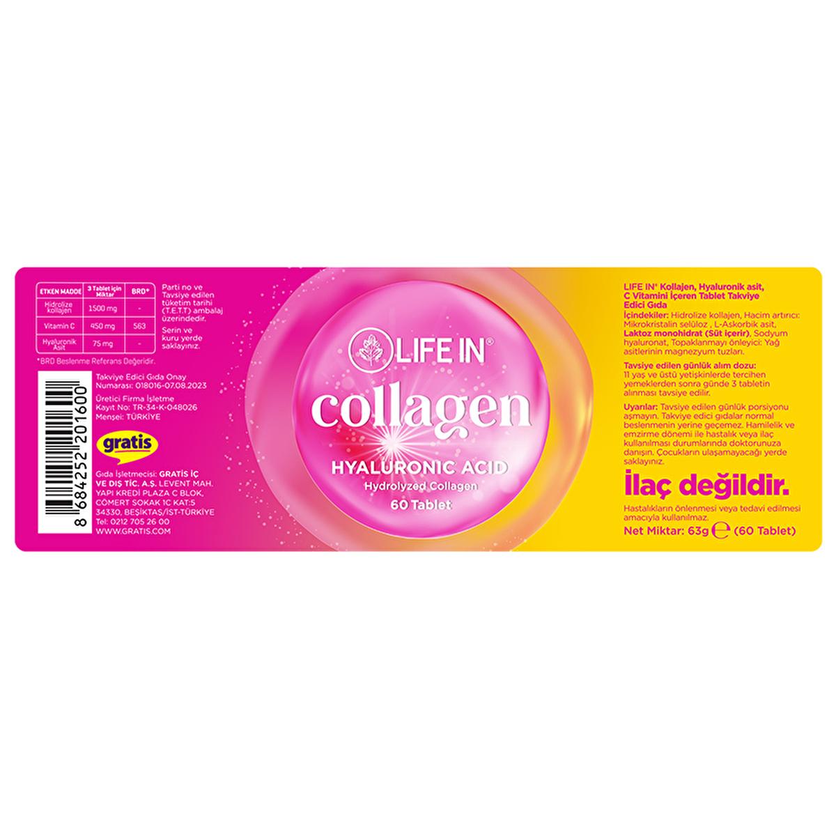Life In Kolajen Collagen Supplement with Hyaluronic Acid & Vitamin C - 60 Tablets for Skin Health Support