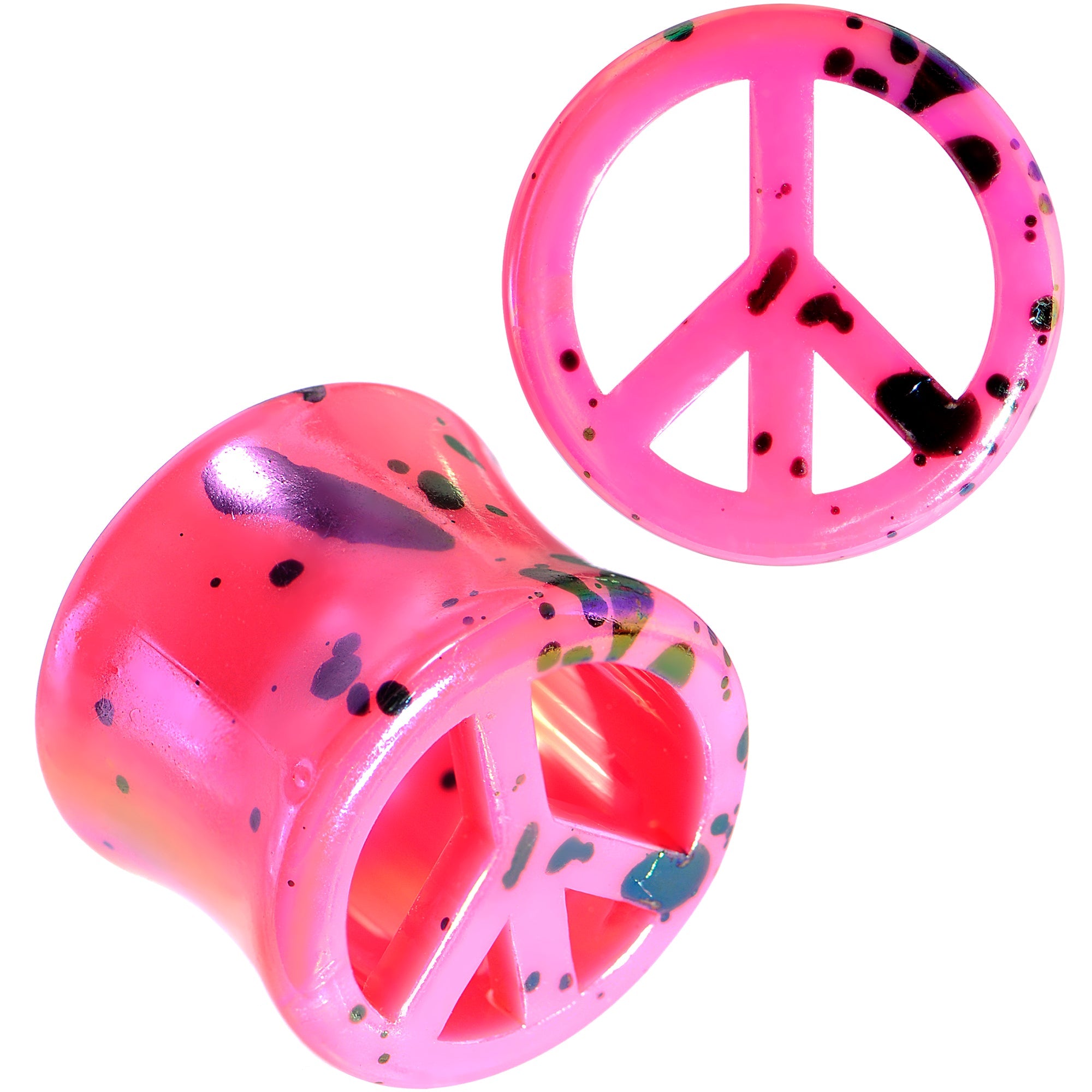 BodyCandy Black Speckled Pink Acrylic Peace Sign Saddle Plug Set 10mm to 20mm — back view