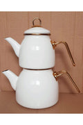 Ebru Metal Enamel Golden Tea Pot Set 2.5L 1.3L White 8680454591662